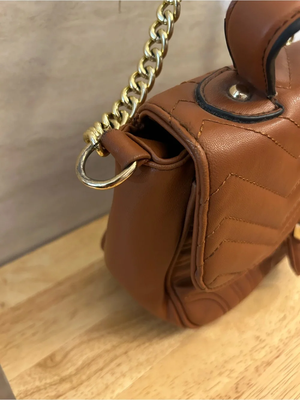 Designer Inspired brown quilted handbag featuring an interlocking double-G logo